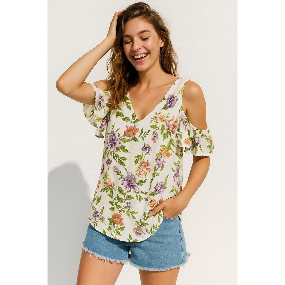 NWT Amour Vert Jacy Cold Shoulder Blouse Sustainable Silk Botanical Floral Small